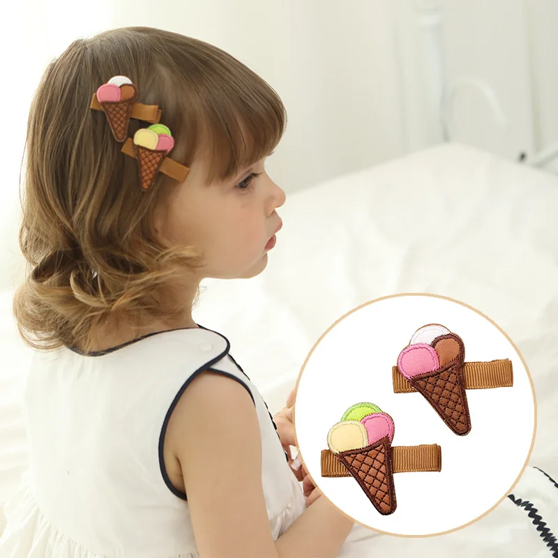 

10pairs Boutique Cute Embroidery Doublecone Hairpins Solid Leather Icecream Hair Clips Fashion Princess Hair Accessories