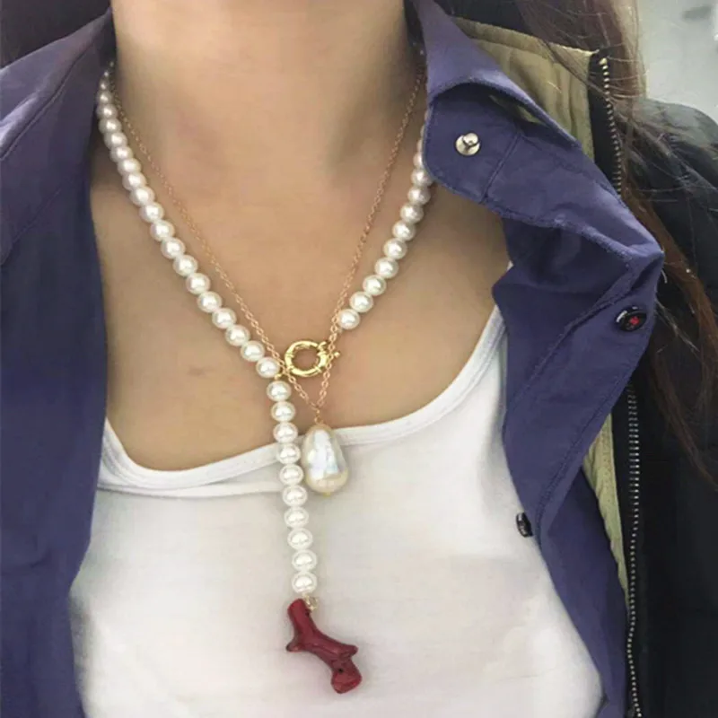 Колье Boho lariat en perles bleues et pendentif corail красная Коралловая подвеска ожерелья слоистые женские массивные Чокеры ожерелья