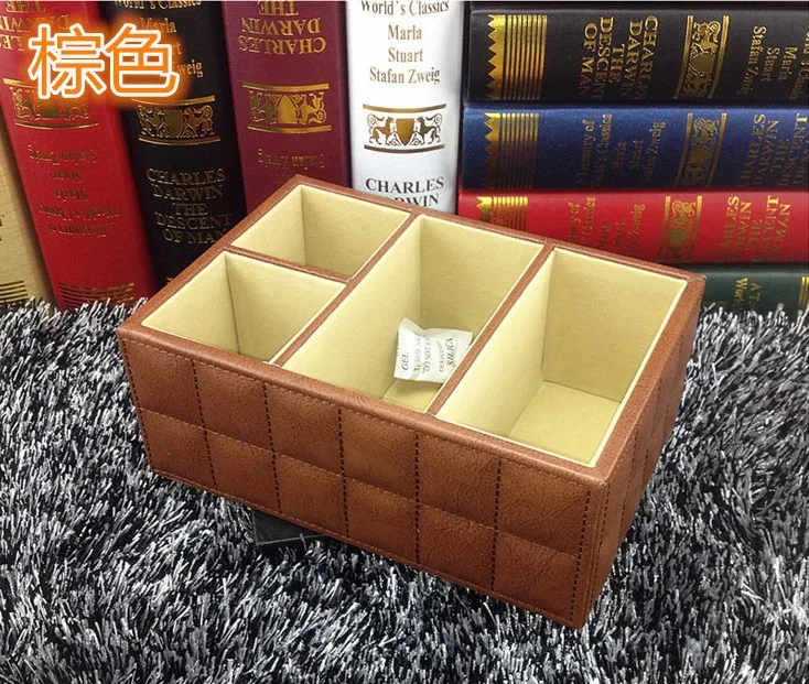 

4-slot fashion home office wood leather desk sundries makeup cosmetics troller stationery storage box case holder brown 253G