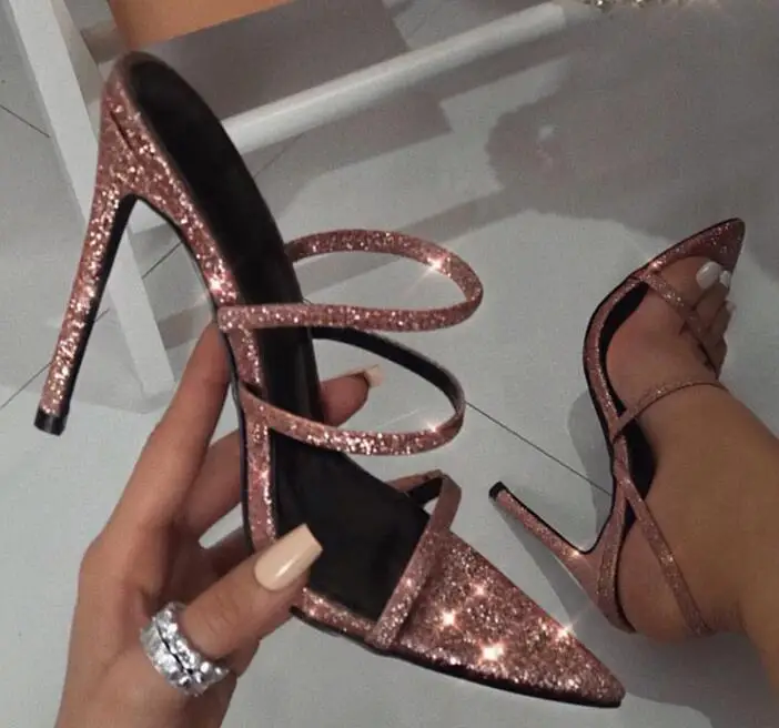 

Carpaton Shiny Pink Glitter Embellished Pointed Toe Thin Heels Woman Shoes Summer Sexy Cutouts High Heel Sandals Cutouts Heels
