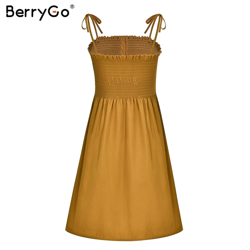 BerryGo Casual spaghetti strap women short dress Buttons ruched plus size summer sundress Sexy solid beach female vestidos | Женская