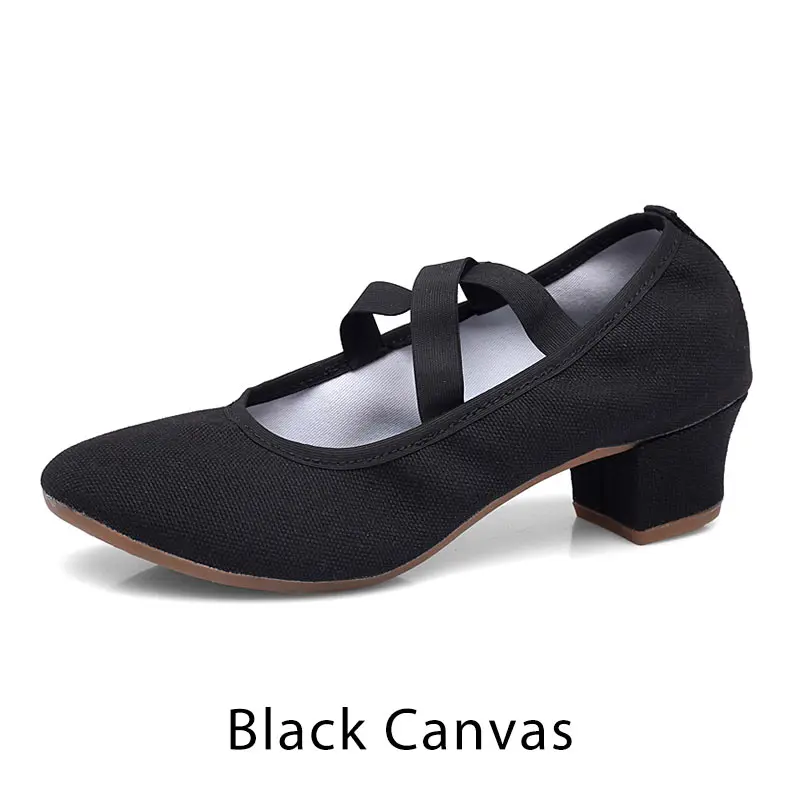 Black Canvas Женская танцевальная обувь в стиле джаз на среднем квадратном каблуке новая стильная женская обувь для занятий фитнесом из искусственной кожи и парусины обувь для танцев на мягкой подошве для взрослых, 4 сезона - Цвет: Black Canvas