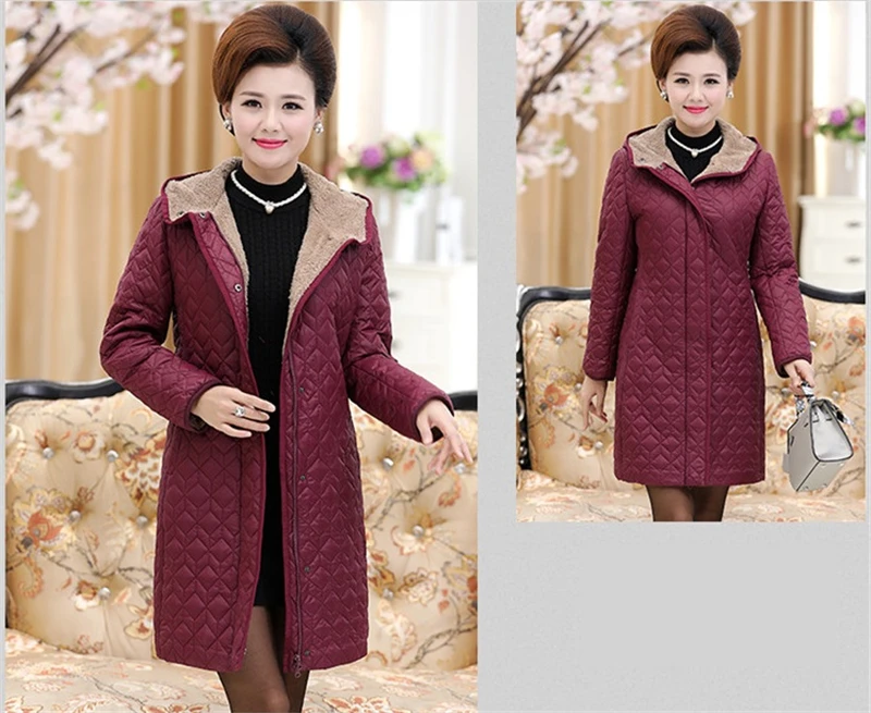 Женские парки, Толстая куртка, зимнее пальто, длинная хлопковая верхняя одежда с капюшоном среднего возраста размера плюс 4XL, для пожилых мам, мягкие бархатные пальто K633