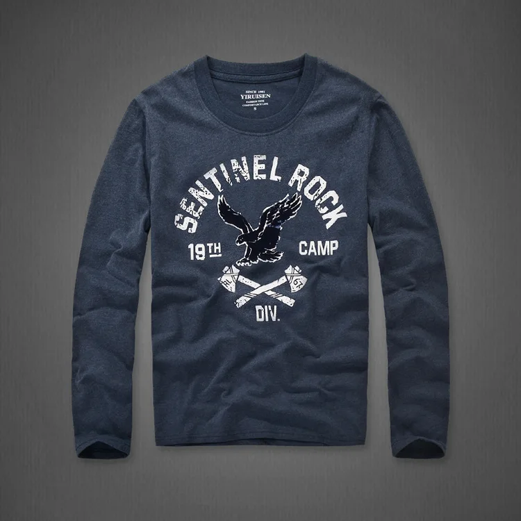 gray blue 6543 Футболка с длинным рукавом для мужчин хлопок вышивка модные футболки с круглым вырезом Топы Высокое качество майка - Цвет: gray blue 6543