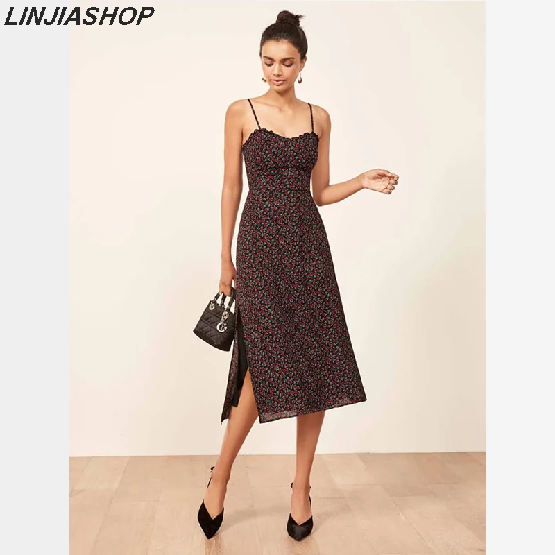 Элегантное винтажное шифоновое платье с разрезом на бретельках вырезом лодочкой