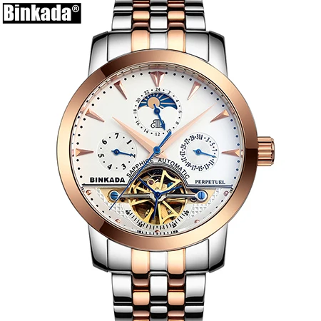 Gold White Скелет Бизнес Мужские автоматические часы Топ люксовый бренд спорт Tourbillon механические розовое золото повседневные само ветер BINKADA часы - Цвет: Gold White