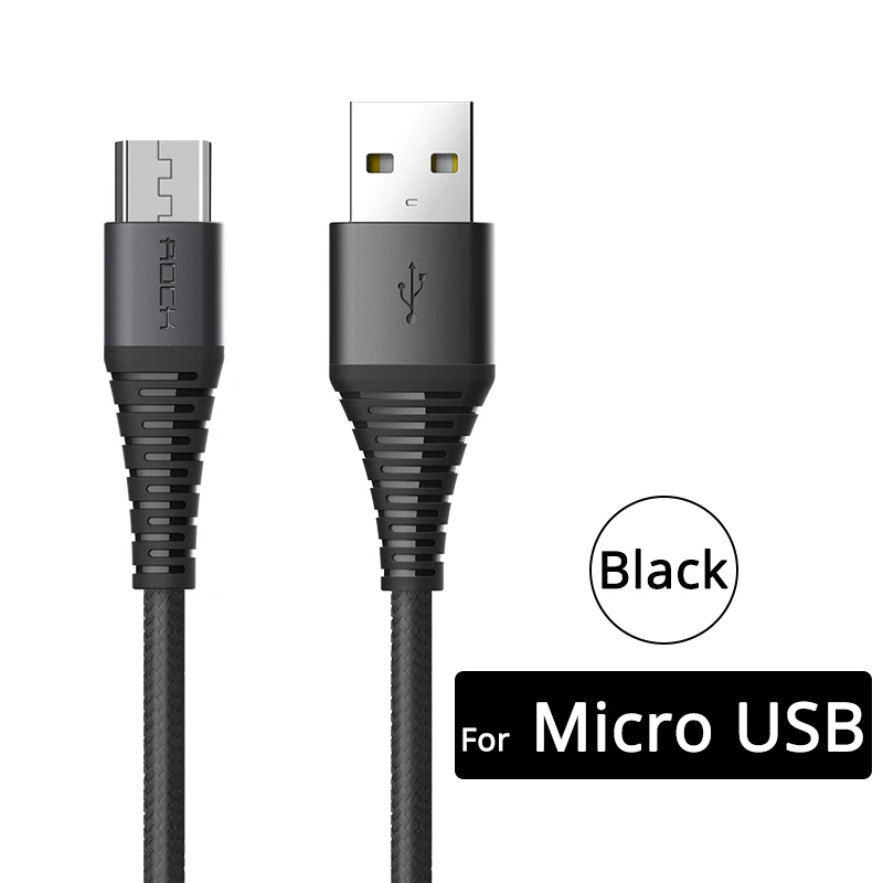 Прочный Micro USB кабель ROCK 3A нейлоновый кабель для быстрой зарядки для samsung Xiaomi huawei LG USB 120 см - Цвет: Black