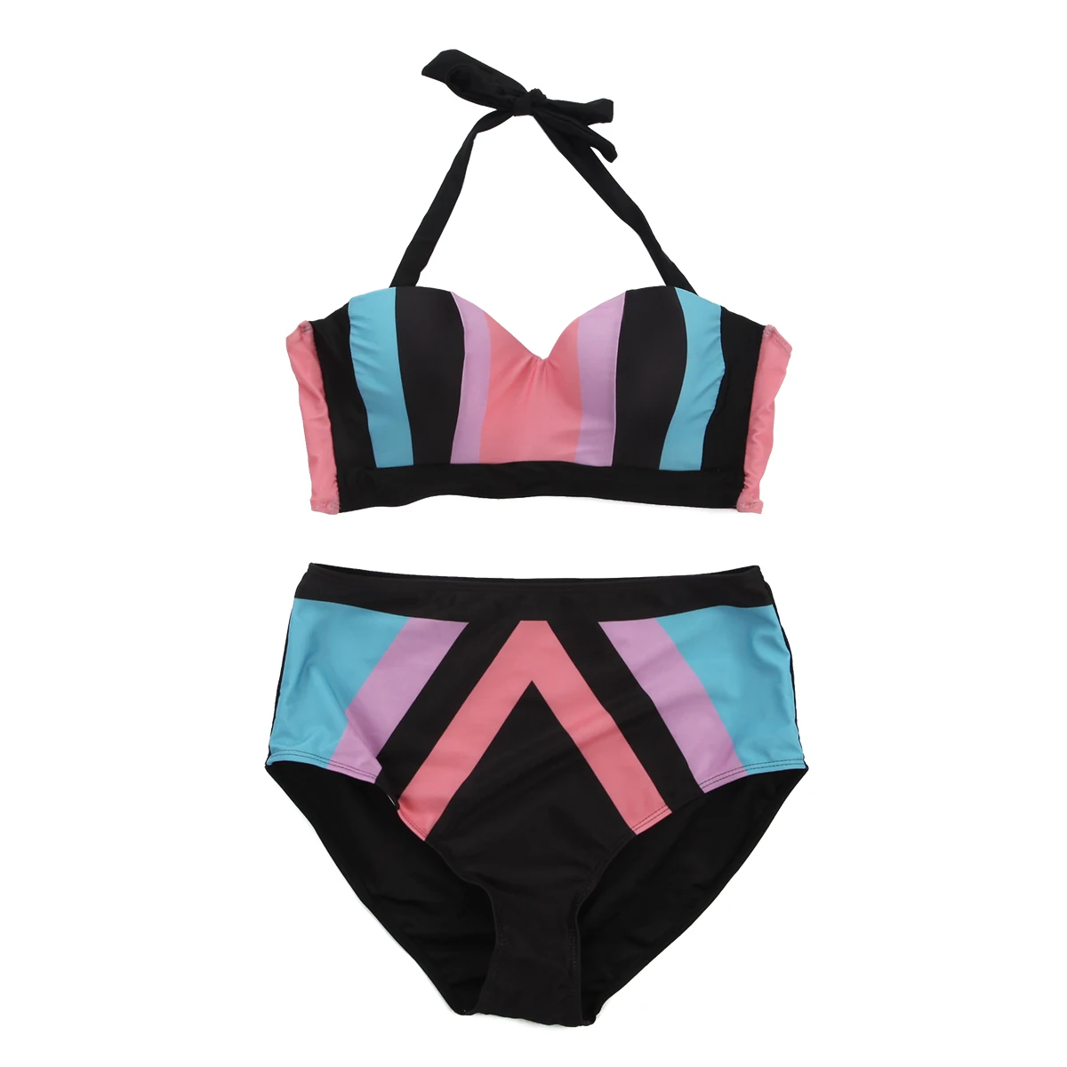 Женский комплект бикини с высокой талией в радужную полоску купальный костюм