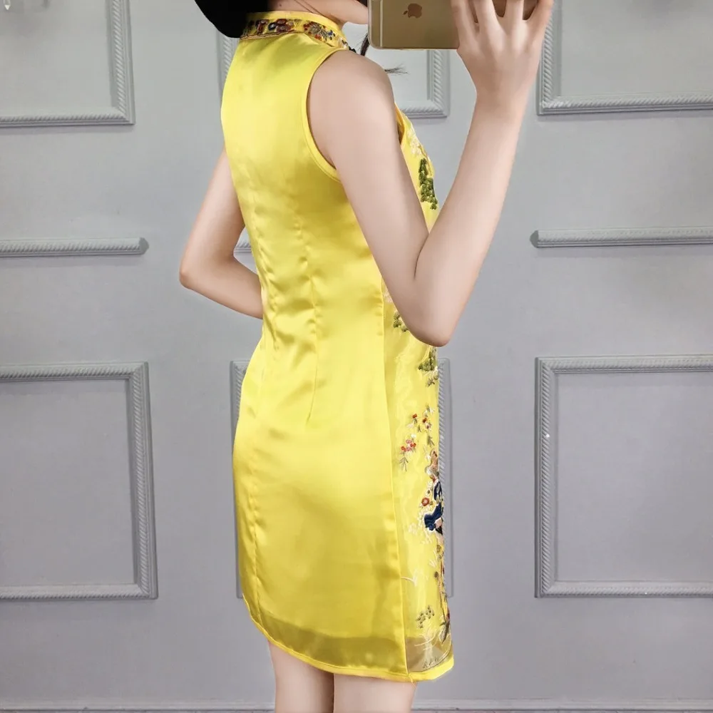 Китайский стиль без рукавов вышивка Cheongsam Современное женское платье