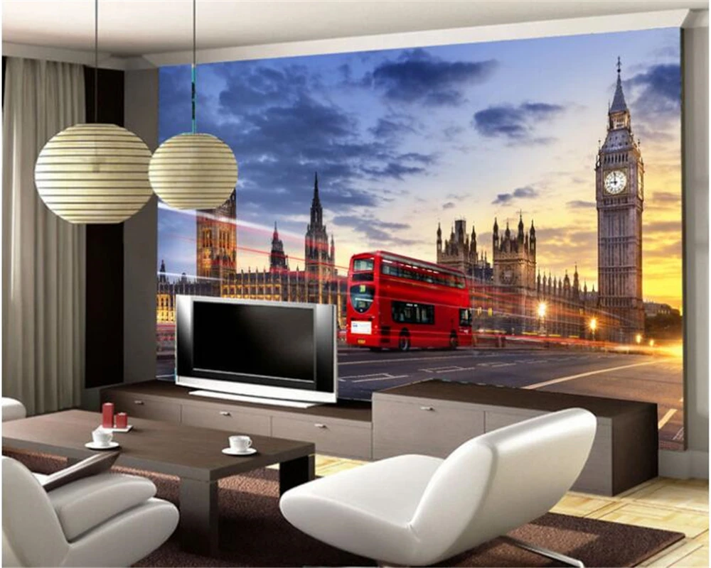 

beibehang 3D Custom large - scale interior painting wallpaper creative simple bridge red bus background wallpaper for walls 3 d