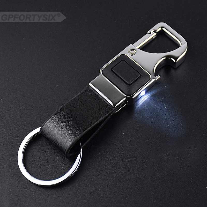 2019 Men Metal Keychain Business Style Black Leather LED Light Bottle Opener Multi-function Car Key chain Keyring Car-styling | Автомобили