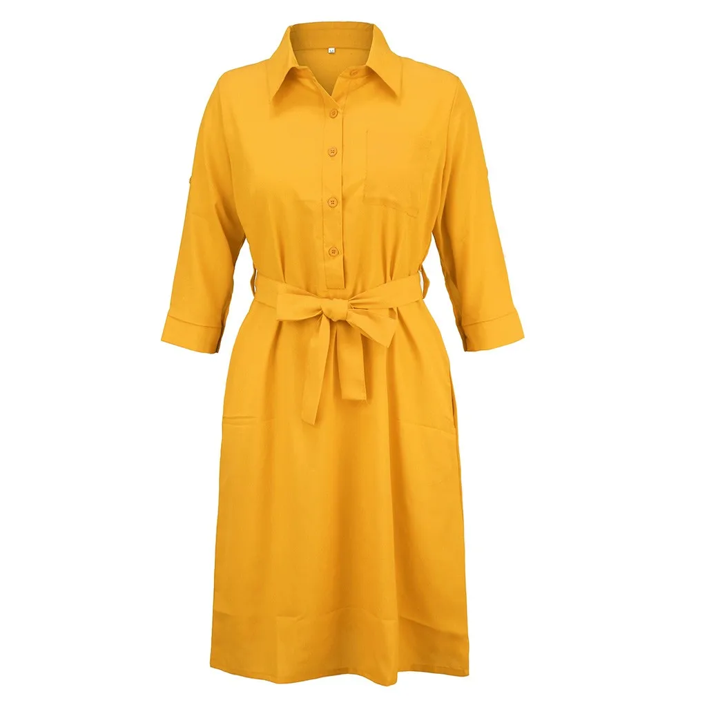 Summer Dress Women Fashion Casual Solid Color Pockets Button Turn-down Collar Three Quarter Sleeve Knee Length Vestidos OY41