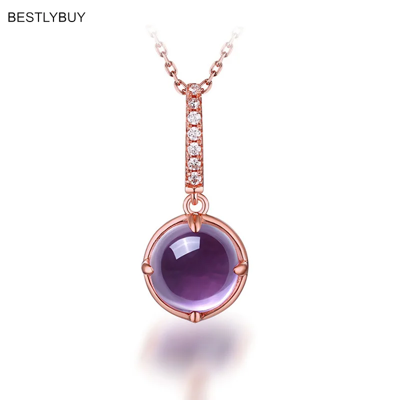 

BESTLYBUY 10x10mm Natural Purple Amethysts Round Pendant 925 Sterling Silver Jewelry Simple Chain Pendant Necklace