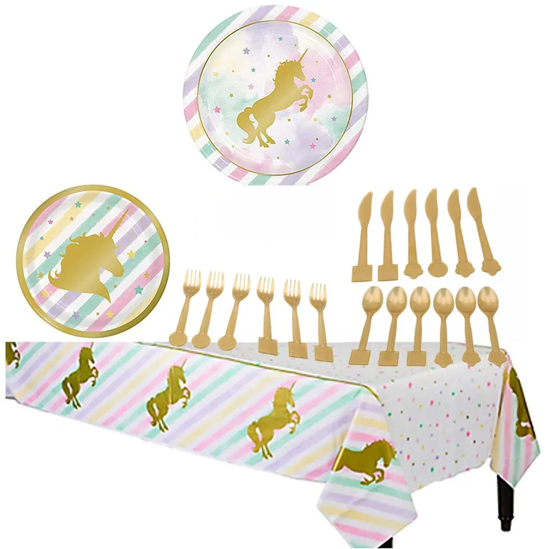 Gold Unicorn Disposable Birthday Party Supplies Set Babyshower Girls Gift Plastic Tablecloth Pull Flag | Дом и сад