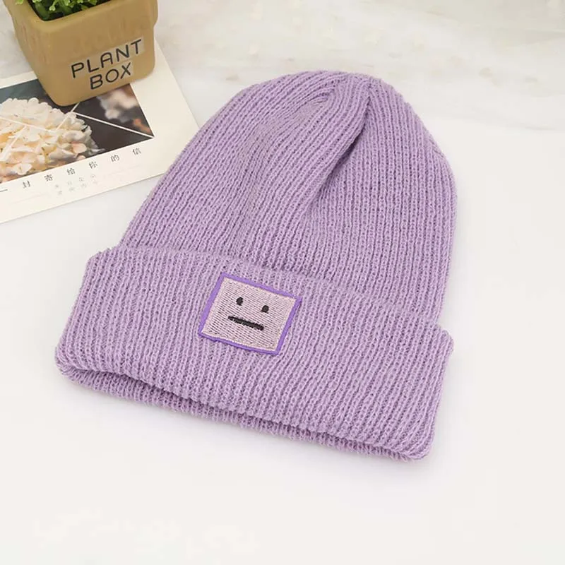 Purple Теплые шерстяные вязаные шапки на осень, зиму и весну, женские повседневные Шапки со смайликом и ушками, шапка Skullies Beanies для женщин, мужчин, влюбленных - Цвет: Purple