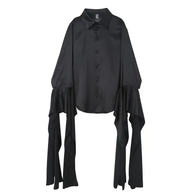 

Men's Black White Casual Shirts Super Long Ties Vintage Turn Down Collar Tops Fashion Male's Wearing
