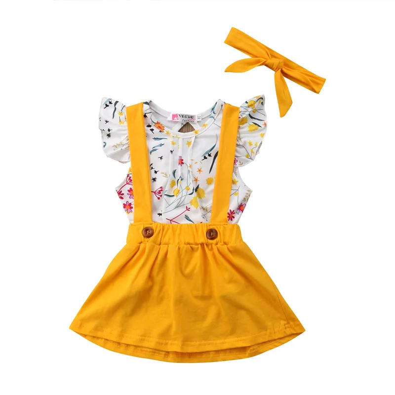 Summer Children's Clothing New 2018 Toddler Kids Baby Girls Floral Printed Short Sleeve Tops+Belt Skirt Overalls Outfits | Мать и