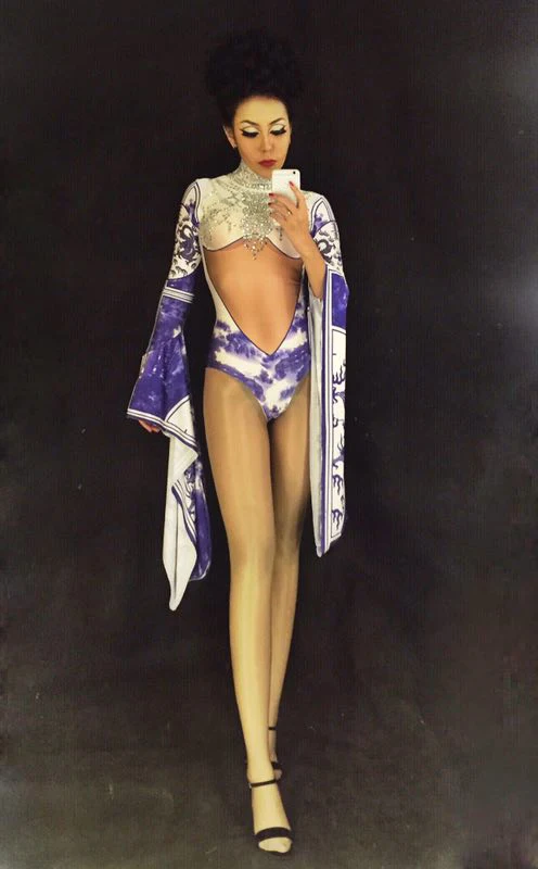 Stage Chinese Style Bodysuit Nightclub Party Celebrate Costume Stage Wear Clothing DJ Singers Dancer Bodysuit Bling Women Outfit