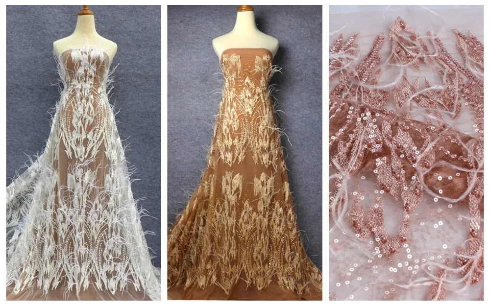 La Belleza Off white ручной работы Бисероплетение перо блёстки свадебное платье кружевной ткани 5" Ширина 1 ярд LN1703WT