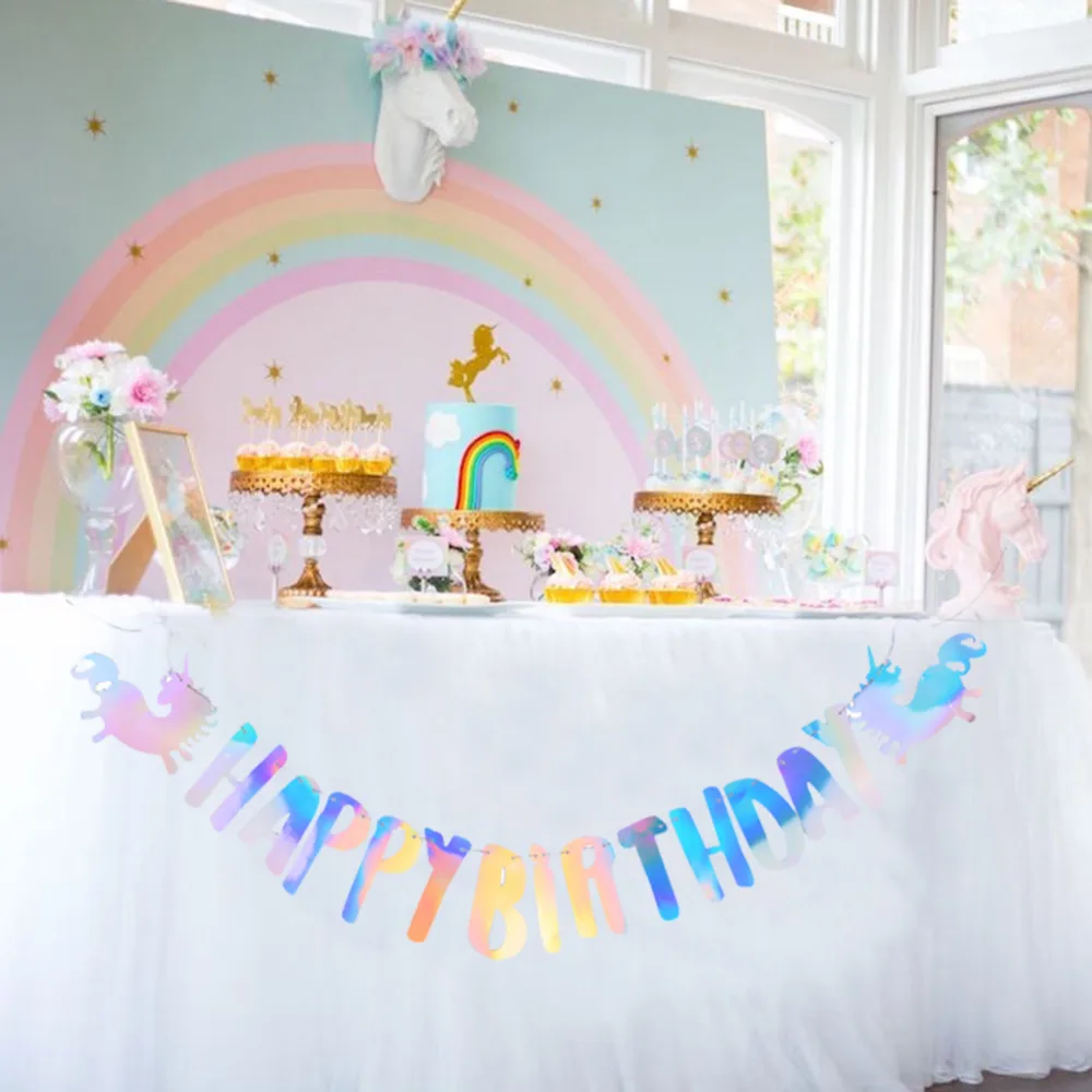 

Unicorn Birthday Party Decorations Kid 1pc/set Rainbow Shinning Foil Happy Birthday Banner For Baby Kids Birthday Party Supplies