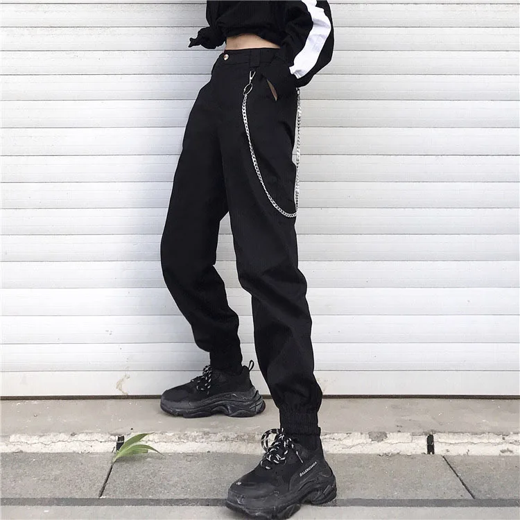 

Autumn New Korea harajuku BF Women's Clothing Full Length Cargo Pants loose Streetwear unisex Cool Chain hipster Solid Capris