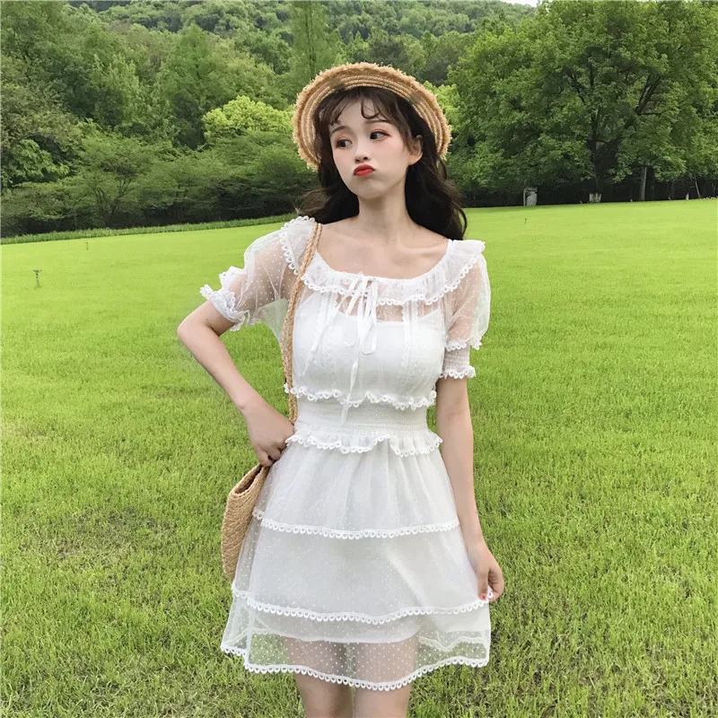 Платье женское кружевное в горошек модное сказочное Повседневное