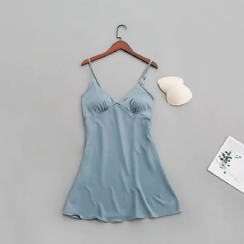 blue-dress Сексуальные женские пижамы, ночная рубашка, шелковые атласные пижамы, халаты для отдыха, пижамы для женщин с нагрудными накладками, домашняя одежда, пижамы, кимоно, ночная рубашка - Цвет: blue-dress