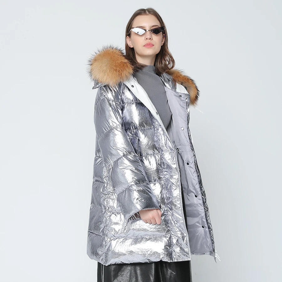OFTBUY, серебристая парка, Длинные парки, зимняя куртка, Женское пальто из натурального меха, натуральный мех енота, утиный пух, пальто, Толстая теплая уличная одежда, бренд
