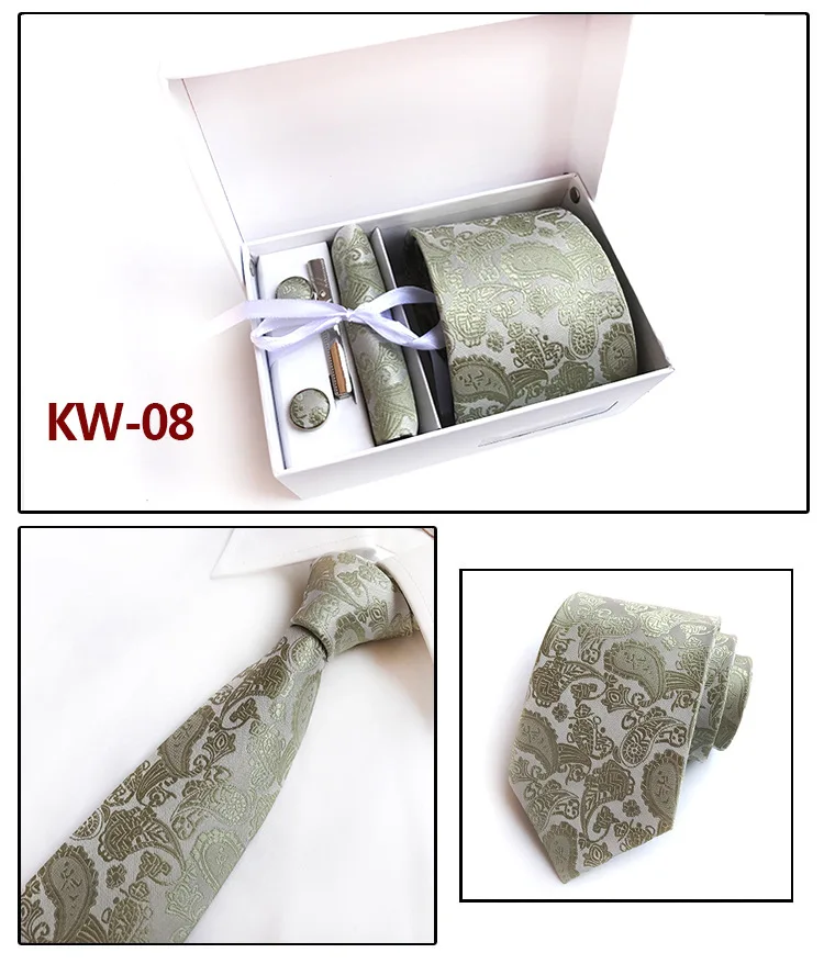 KW08 Мужской модный комплект галстуков, шелковые галстуки в горошек, галстуки для мужчин, галстук, платок, запонки, подарочная упаковка, Мужская одежда, аксессуары - Цвет: KW08