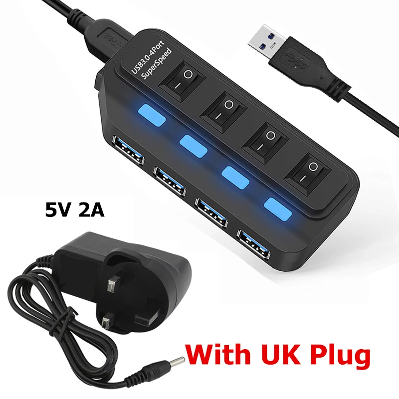 Концентратор USB 3,0, 4, 7 портов, светодиодный выключатель питания, USB высокоскоростной разветвитель, 5 Гбит/с, USB Hab, USB-HUB, EU, US, AU, UK адаптер