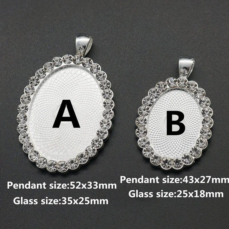 

5pcs Oval Rhinestone Silver Plated Necklace Charms Setting Cabochon Cameo Base Tray Bezel Blank Fit 18x25mm glass cabochon