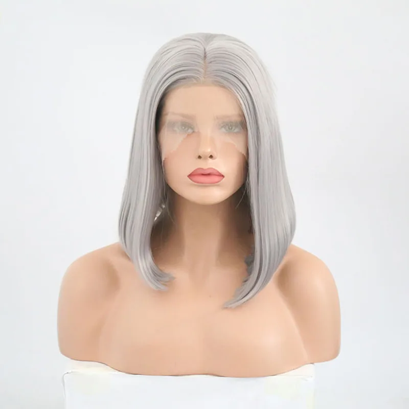 RONGDUOYI Glueless серый кружевной передний парик короткий Боб 14 дюймов серый средняя часть синтетический серебристый парик Термостойкое волокно для женщин