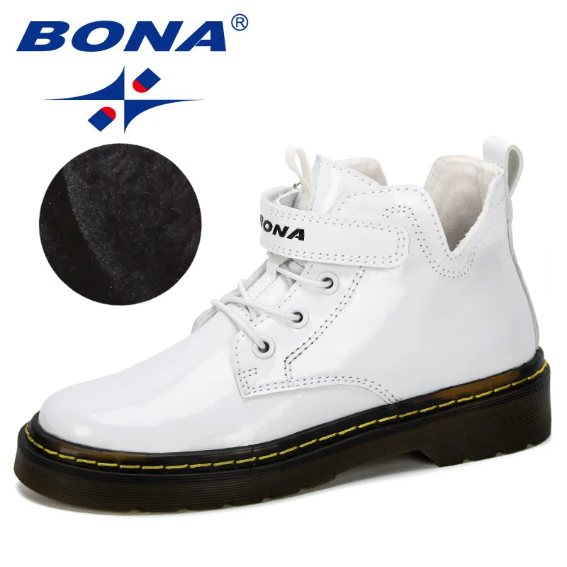 White BONA новая популярная зимняя куртка для мальчиков, ботинки, детская обувь, новинка, модная одежда для девочек Лакированная кожа сапоги кроссовки для студентов плюшевые бархатные сапоги - Цвет: White