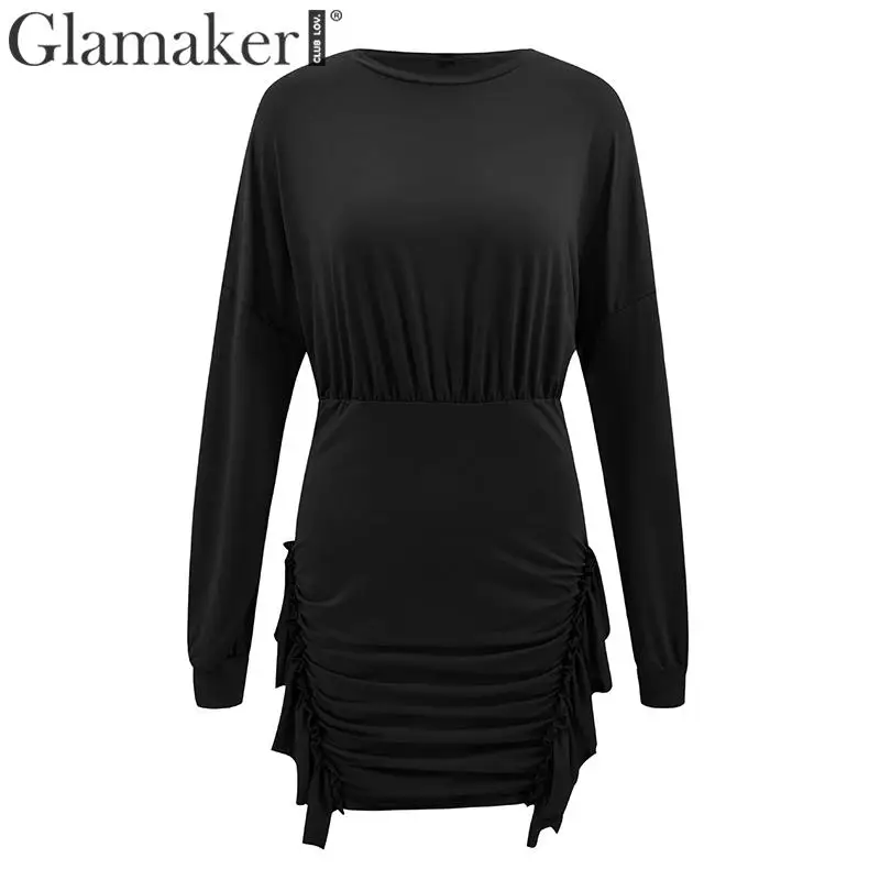Черный Glamaker, сексуальное Плиссированное облегающее платье с оборками, женское розовое мини-платье с рукавом-фонариком, осенние женские Короткие вечерние клубные платья, Vestido - Цвет: Черный