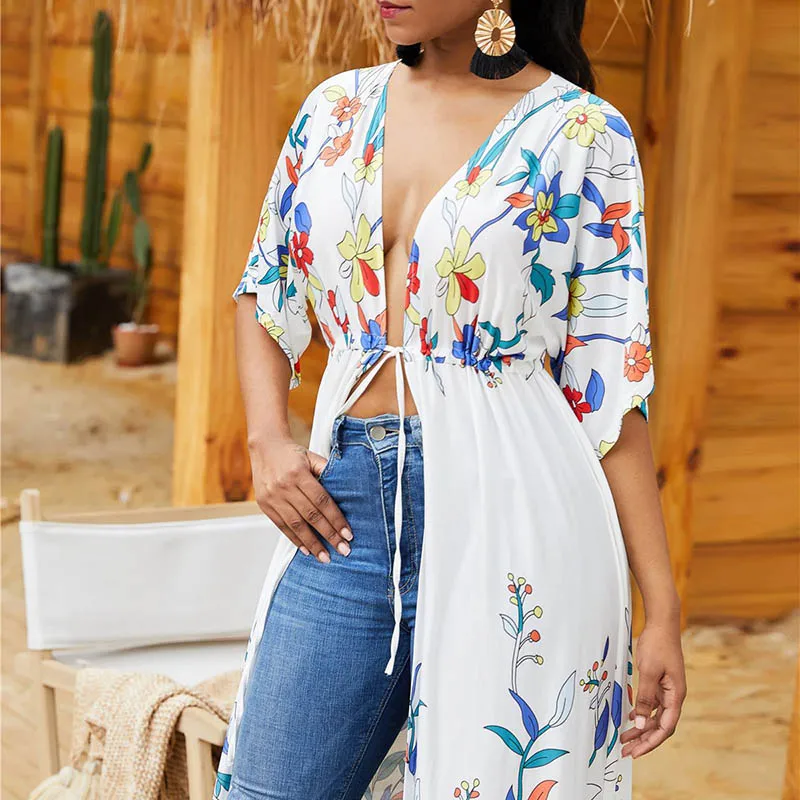 Женское солнцезащитное пальто дышащее длинное с v образным вырезом и эластичной