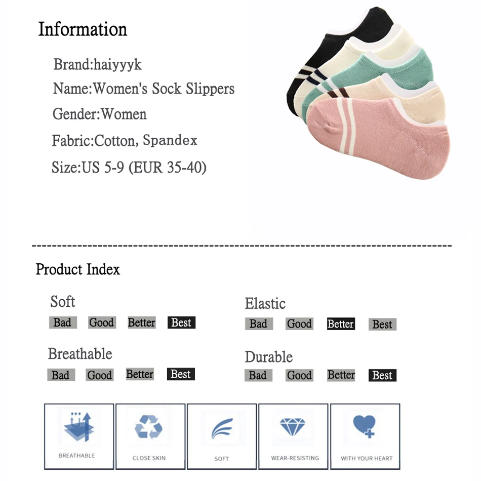 

5 Pairs / Lot Women's Non-slip Socks Slippers Two Stripes Invisible Short Socks Women Summer Thin Ladies Cotton Sock