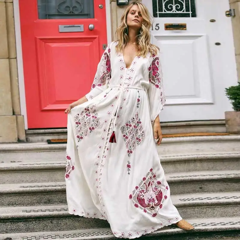 Богемный Вдохновленный Белый boho Макси Дастер платье вышивка летнее кимоно рукав