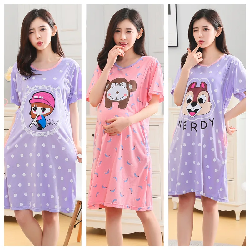 

Pregnant women cartoon dress summer pregnancy pajamas lactation thin cotton postpartum clothes maternity nursing sleepwear