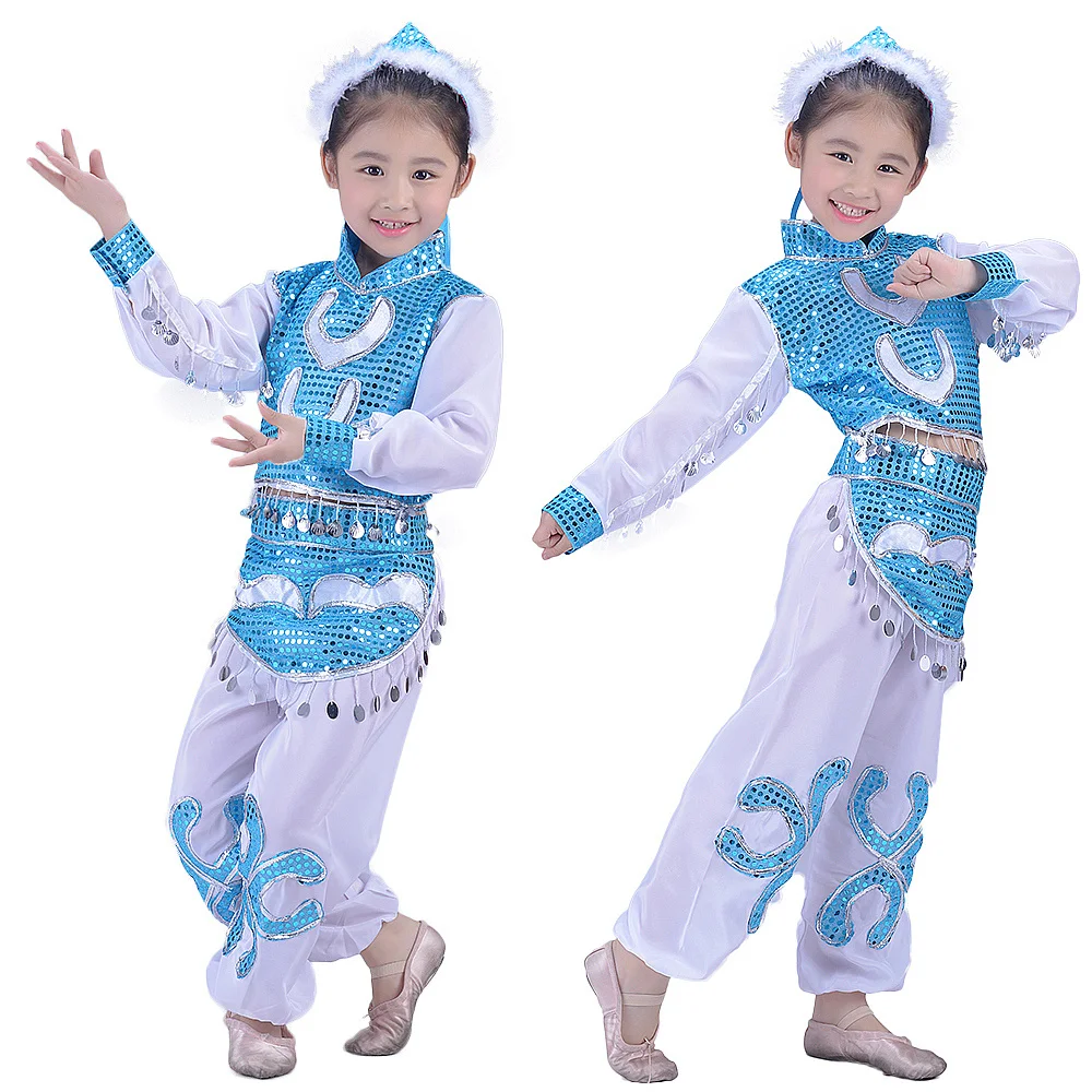 blue mongolian dance costume for girls children minority clothes chinese national carnival clothing | Тематическая одежда и