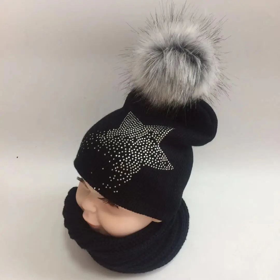 Для детей 1-3 лет, детская зимняя шапка с бриллиантом из искусственного меха со звездой, комплект с шарфом, Шапка-бини с помпоном, шапочка для мальчиков и девочек