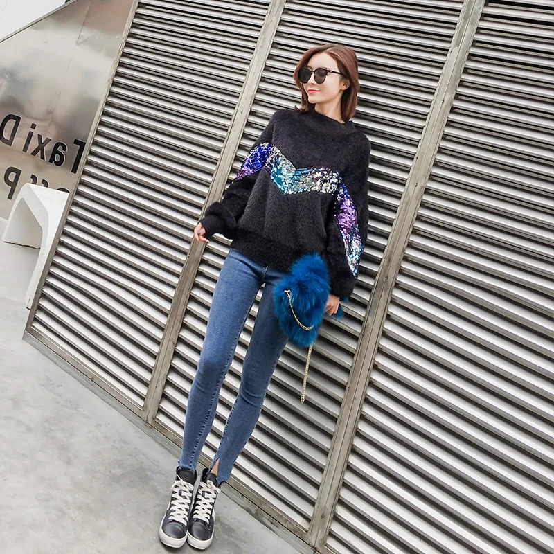 2021 Autumn And Winter New Hedging White Hair Knit Semi-high Collar Imitation Mink Velvet Loose Lantern Sleeves Rabbit Sweater | Женская