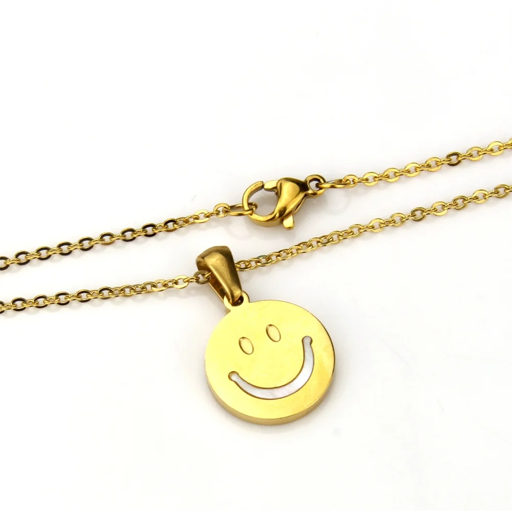 Sunarry Gold Color Stainless Steel Smile Face White Shell And Crystal Pendant Necklaces Women's Fashion Jewelry Colar Feminina |
