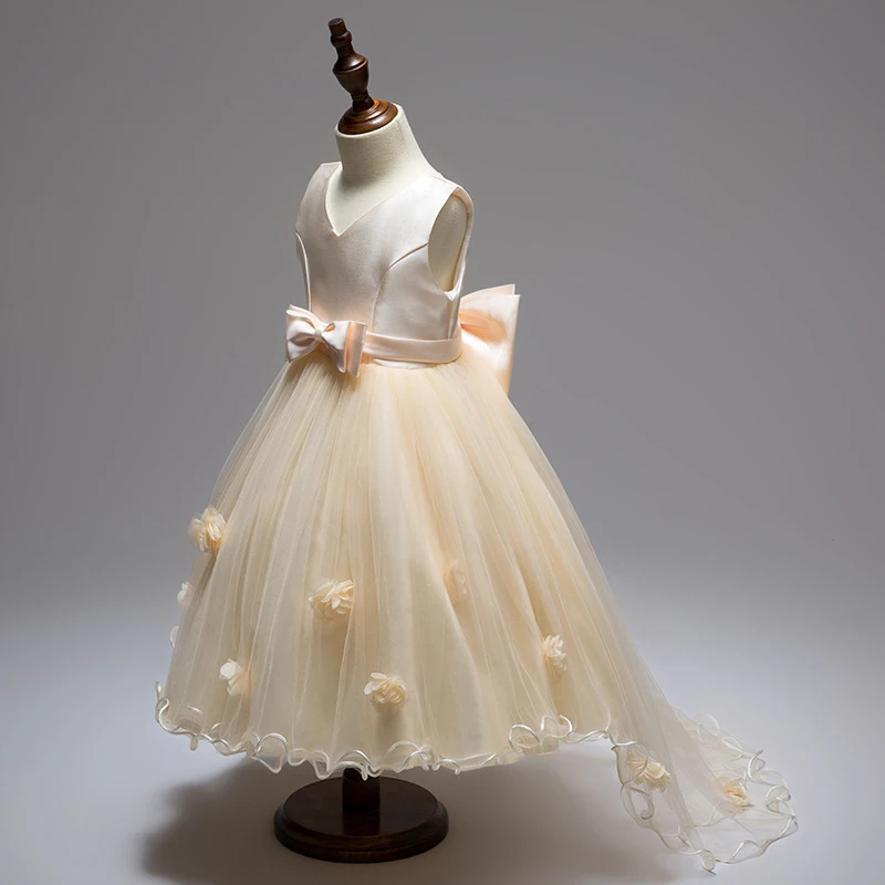 Новые детские платья со шлейфом для девочек кружевные принцессы с бантом