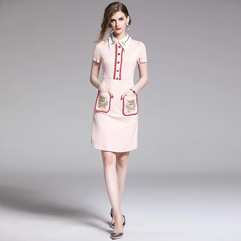 Женское платье с цветочным узором винтажное воротником и карманами красное