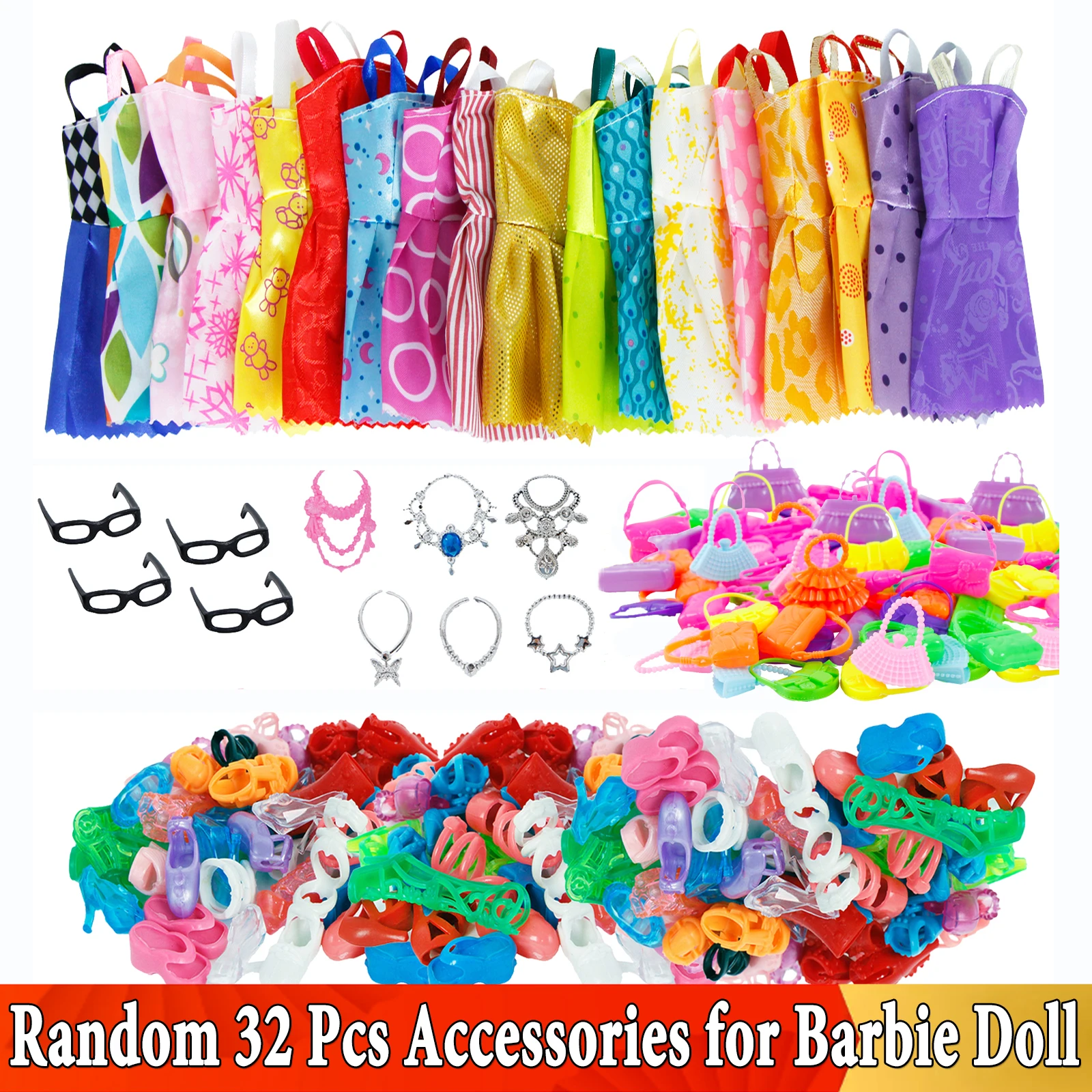 Аксессуары для кукол Barbie = 10 шт. платье + 4 очки 6 пластиковых ожерелий 2 сумки пар