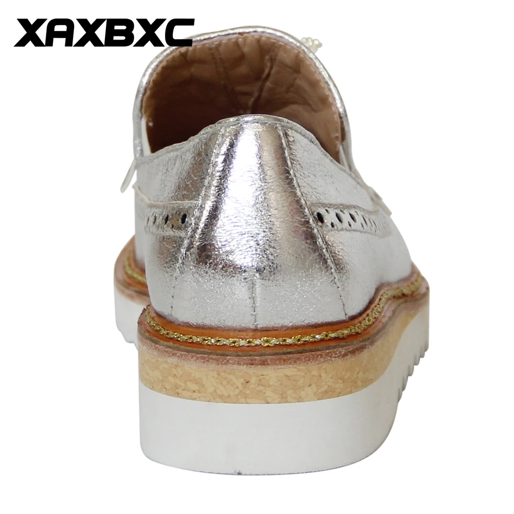 Женские кожаные туфли-лодочки XAXBXC на танкетке и низком каблуке серебристые туфли