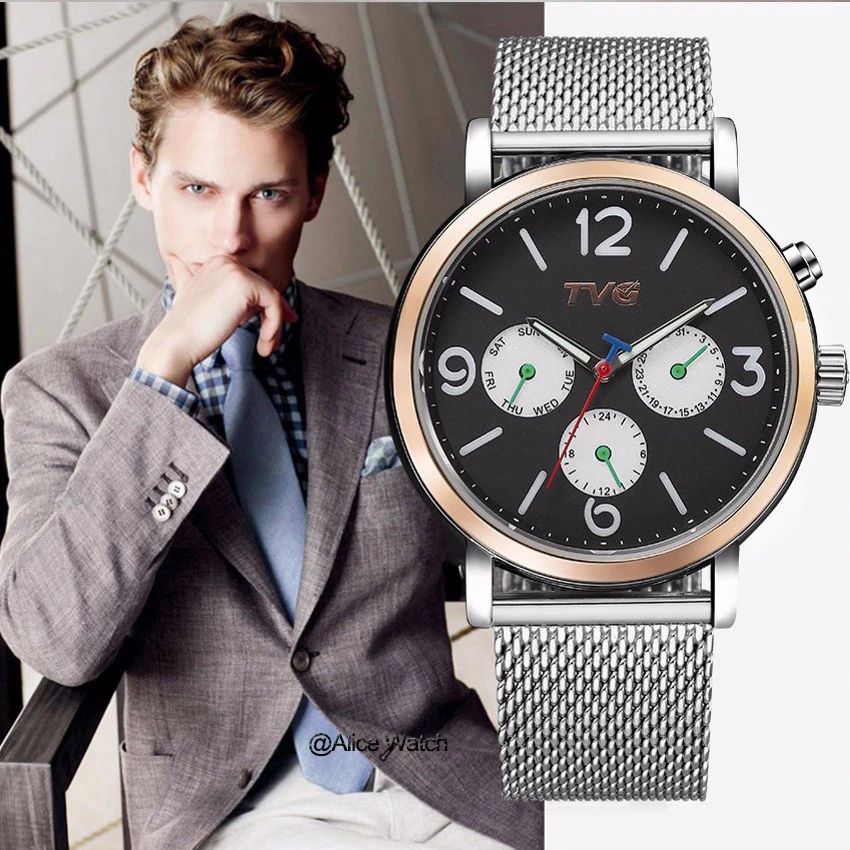 Модные часы TVG для мужчин полностью стальной сетчатый ремешок кварцевые военные