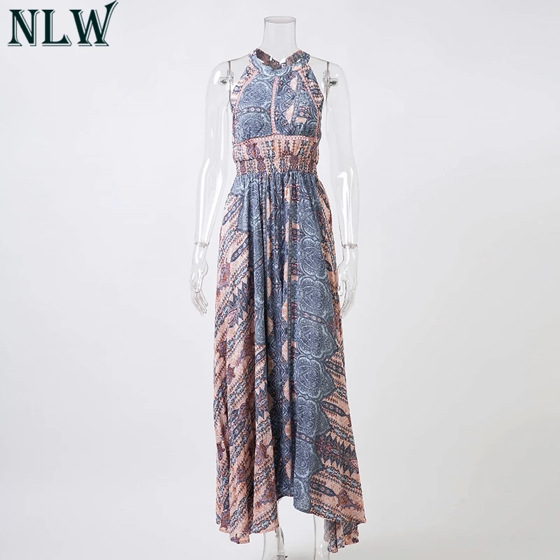 NLW Boho Платье макси с синими цветами летнее платье женское с высоким разрезом без спинки сексуальное длинное платье пляжные вечерние шикарные платья для девушек