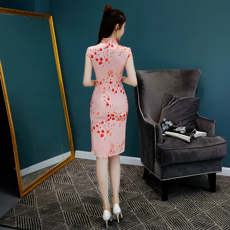 Классическое китайское женское атласное платье Ципао Cheongsam, летнее женское новое платье с цветочным рисунком, Сексуальное мини платье, Размеры s m l xl XXL 3XL