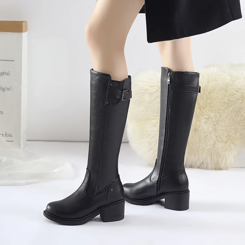 

WETKIS Pu Thick High Heels Mid Calf Boots Round Toe Zip Footwear Riding Female Boot Warm Platform Shoes Woman 2018 Winter Black